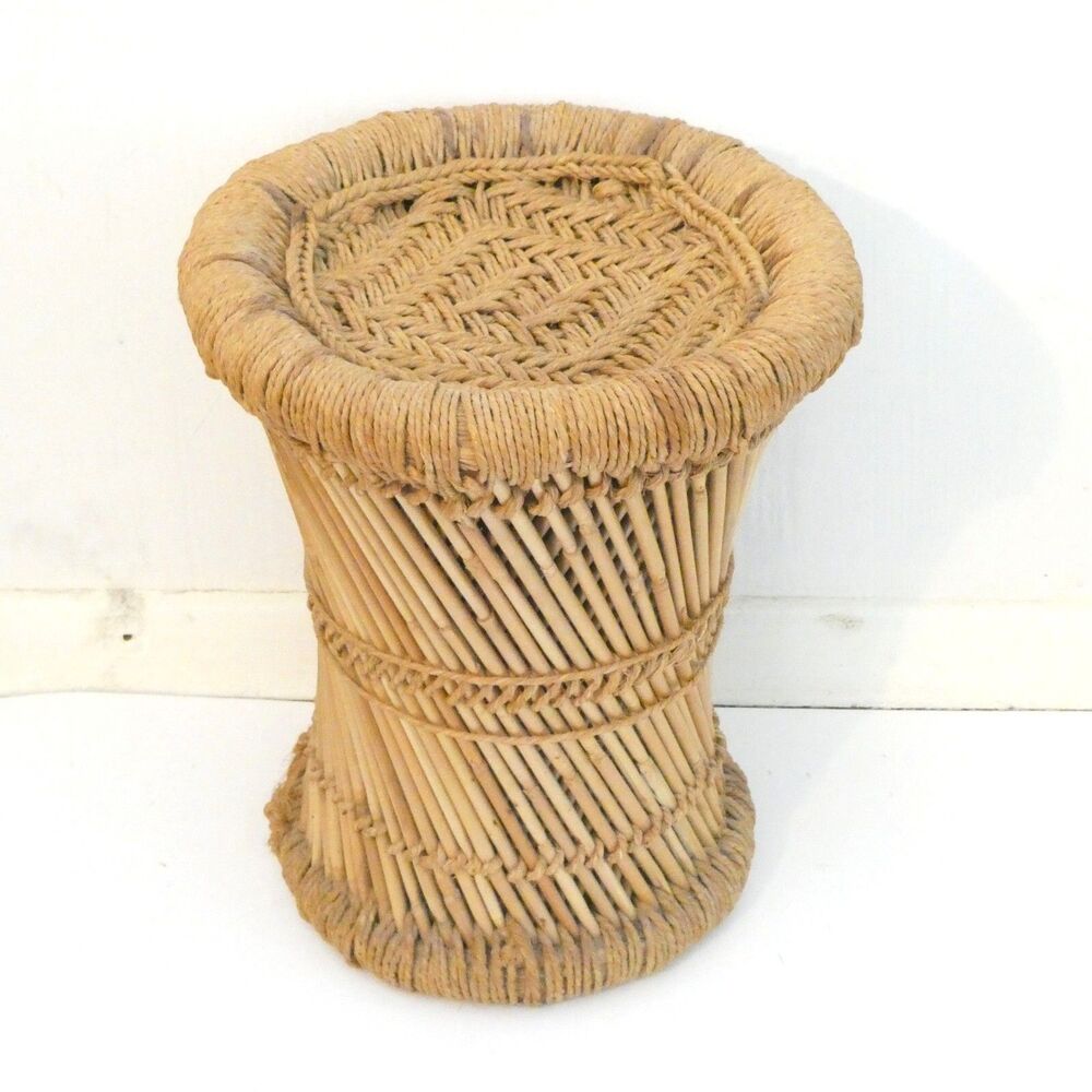 Pencil Reed Bamboo Stool Plant Stand Vintage MCM Boho Woven 14"